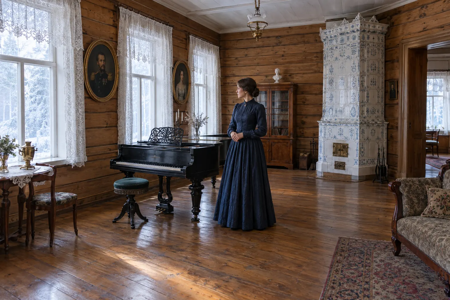 Nội thất nhà gỗ thế kỷ 19 với đàn piano, tranh chân dung, rèm ren và lò sưởi lát gạch men