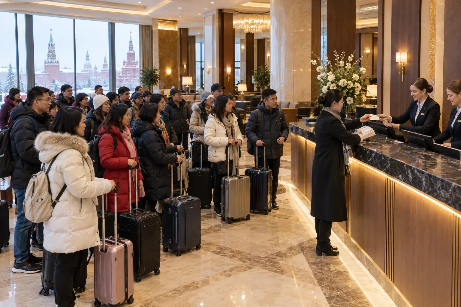 Đoàn khách châu Á kéo vali làm thủ tục nhận phòng trong sảnh khách sạn lớn, nhân viên lễ tân phát thẻ phòng