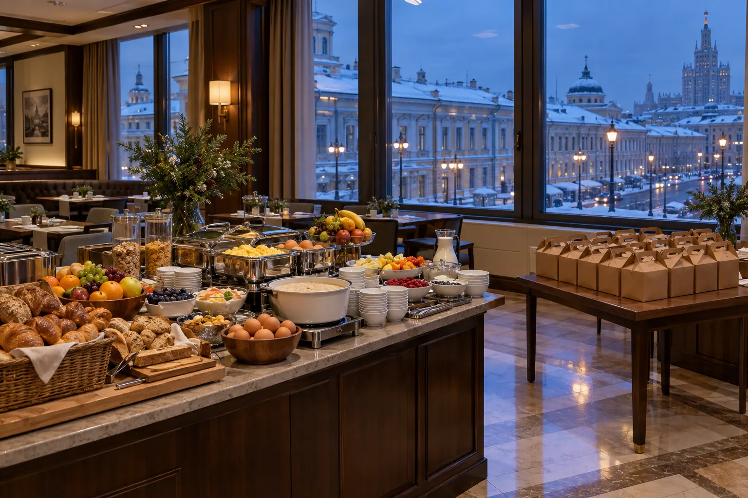 Quầy buffet sáng khách sạn còn sớm, bàn bày bánh mì, trứng, cháo và hộp ăn sáng đóng sẵn