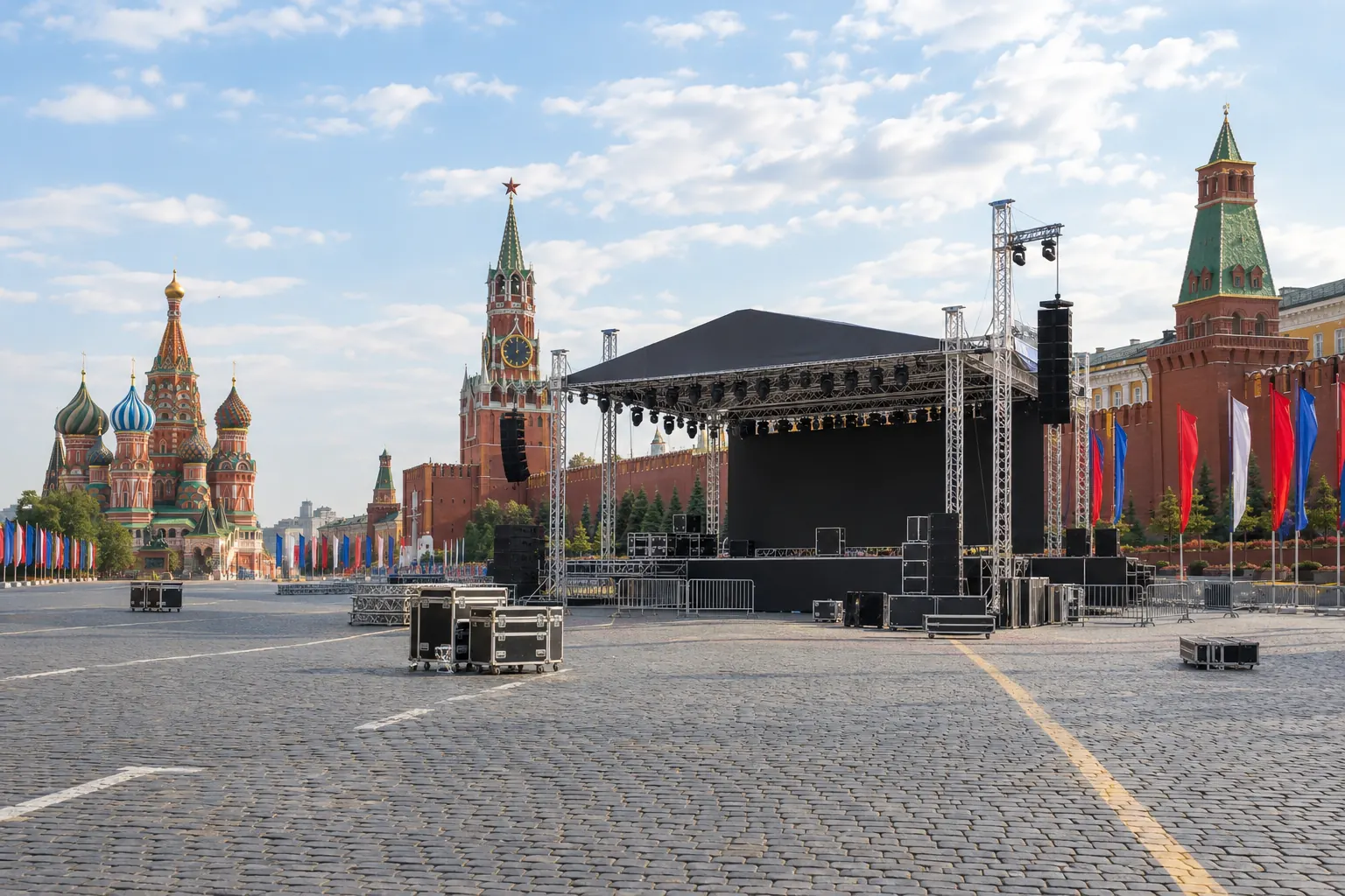 Một quảng trường lát đá ở Moscow cuối hè, sân khấu ngoài trời và khung đèn đang được lắp đặt, cờ trang trí dọc phố