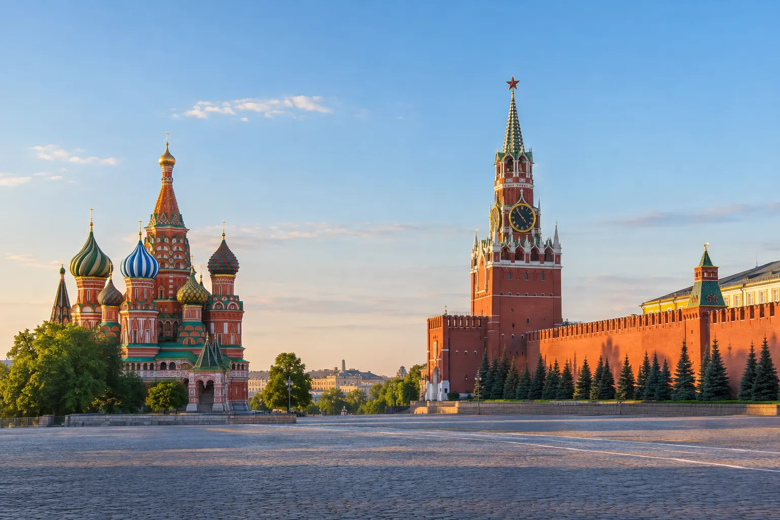 Nhà thờ Thánh Basil, tháp Spasskaya và tường Điện Kremlin bên Quảng trường Đỏ vắng người vào một buổi sáng cuối xuân