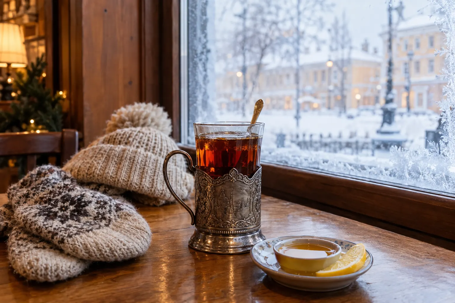 Ly trà nóng trong giá đỡ kim loại bên cửa sổ đóng băng trong một quán cà phê ấm áp
