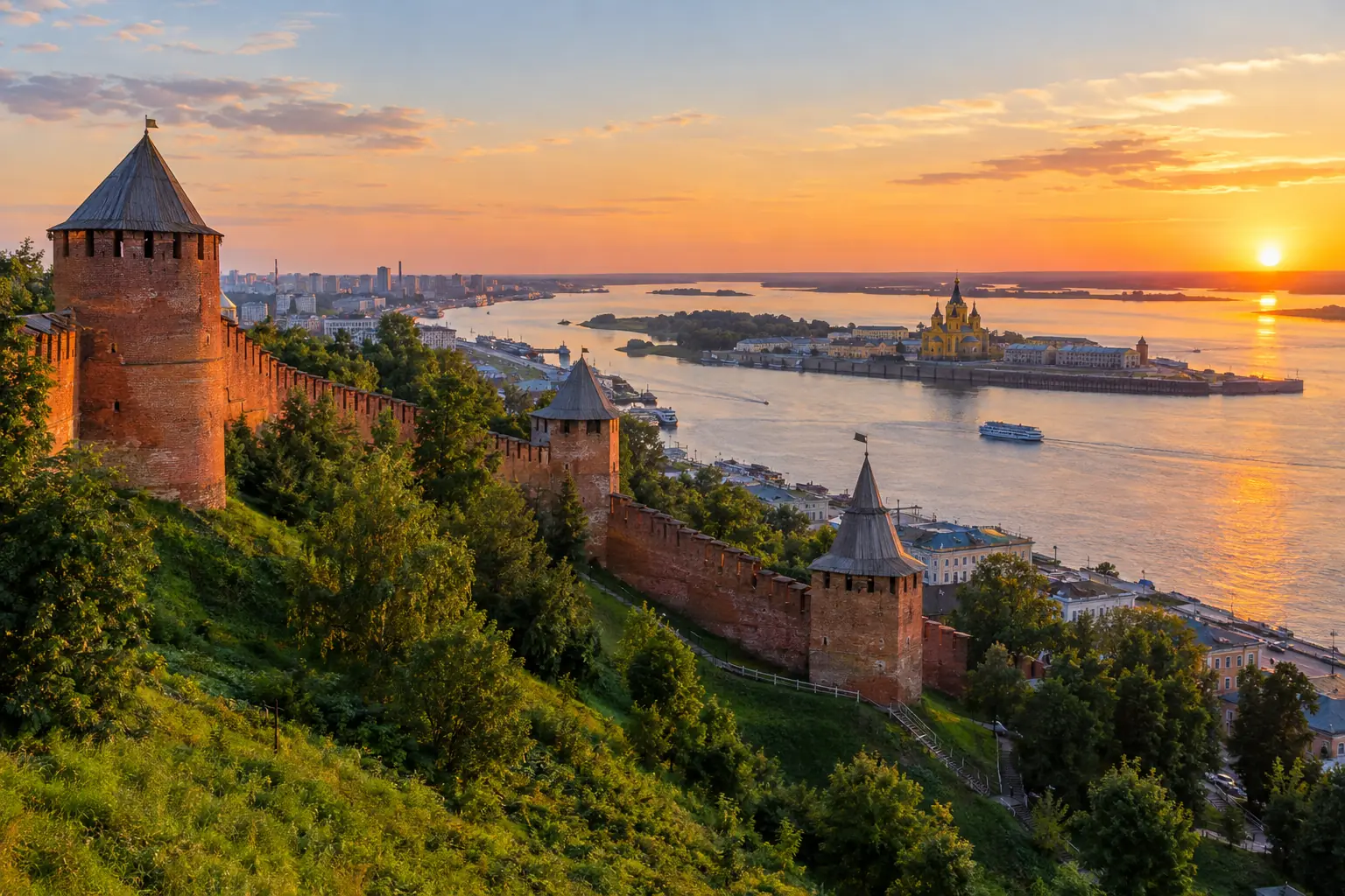 Kremlin Nizhny Novgorod gạch đỏ trên đồi xanh nhìn xuống nơi sông Oka gặp sông Volga lúc hoàng hôn