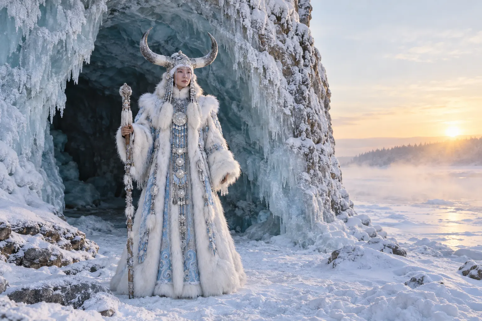 Người hoá trang chúa tể mùa đông Yakutia đội mũ sừng bò, áo lông trắng, đứng trước hang băng
