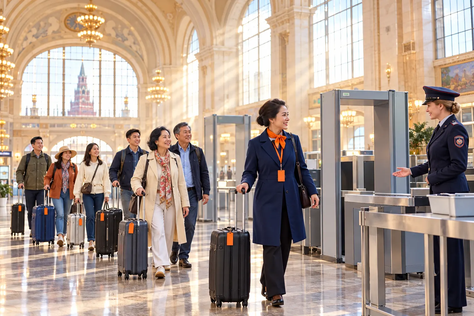Đoàn khách Việt kéo vali xếp hàng qua cổng soi chiếu trong sảnh ga tàu lớn ở Moscow