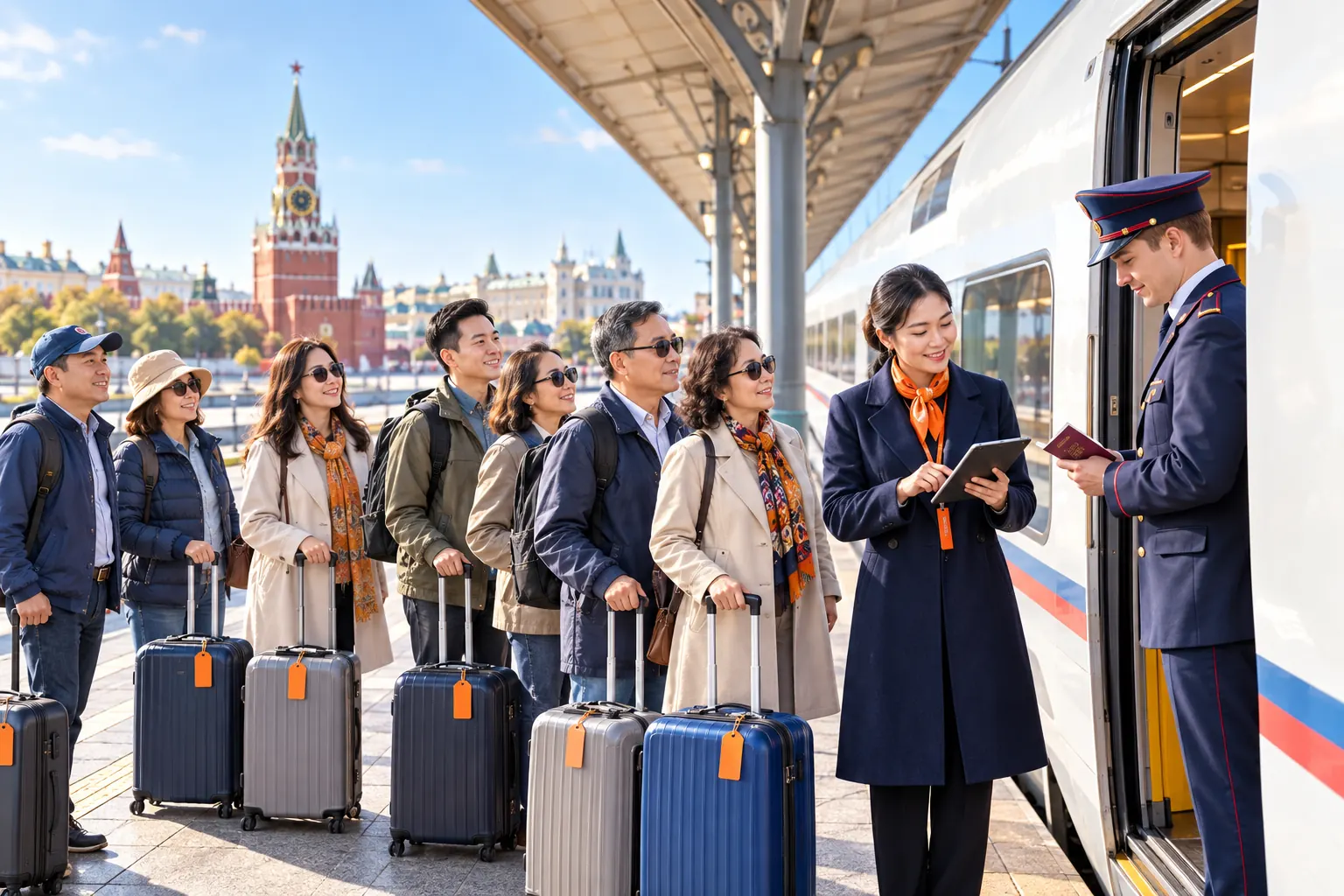 Trưởng đoàn người Việt cầm máy tính bảng và danh sách khách điểm danh bên cửa toa tàu, nhân viên soát vé người Nga kiểm hộ chiếu