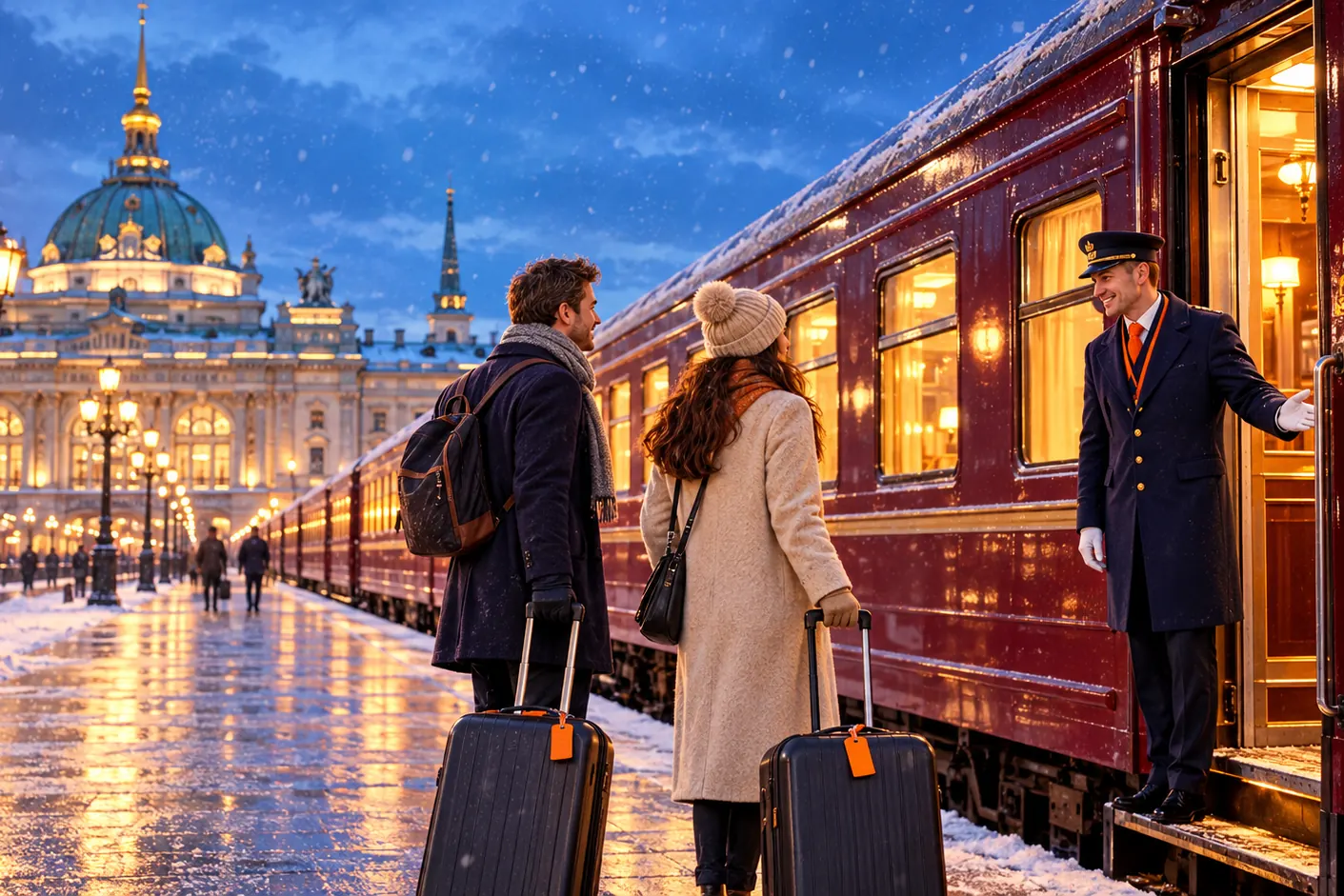 Sân ga ở Saint Petersburg lúc chạng vạng có tuyết rơi, đoàn tàu giường nằm màu đỏ sẫm sáng đèn, nhân viên toa đón khách ở cửa