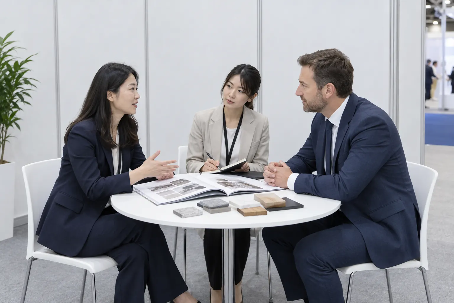 Hai người đối thoại tại bàn gặp gỡ của một gian hàng triển lãm, có người phiên dịch ngồi cạnh và tài liệu mở trên bàn
