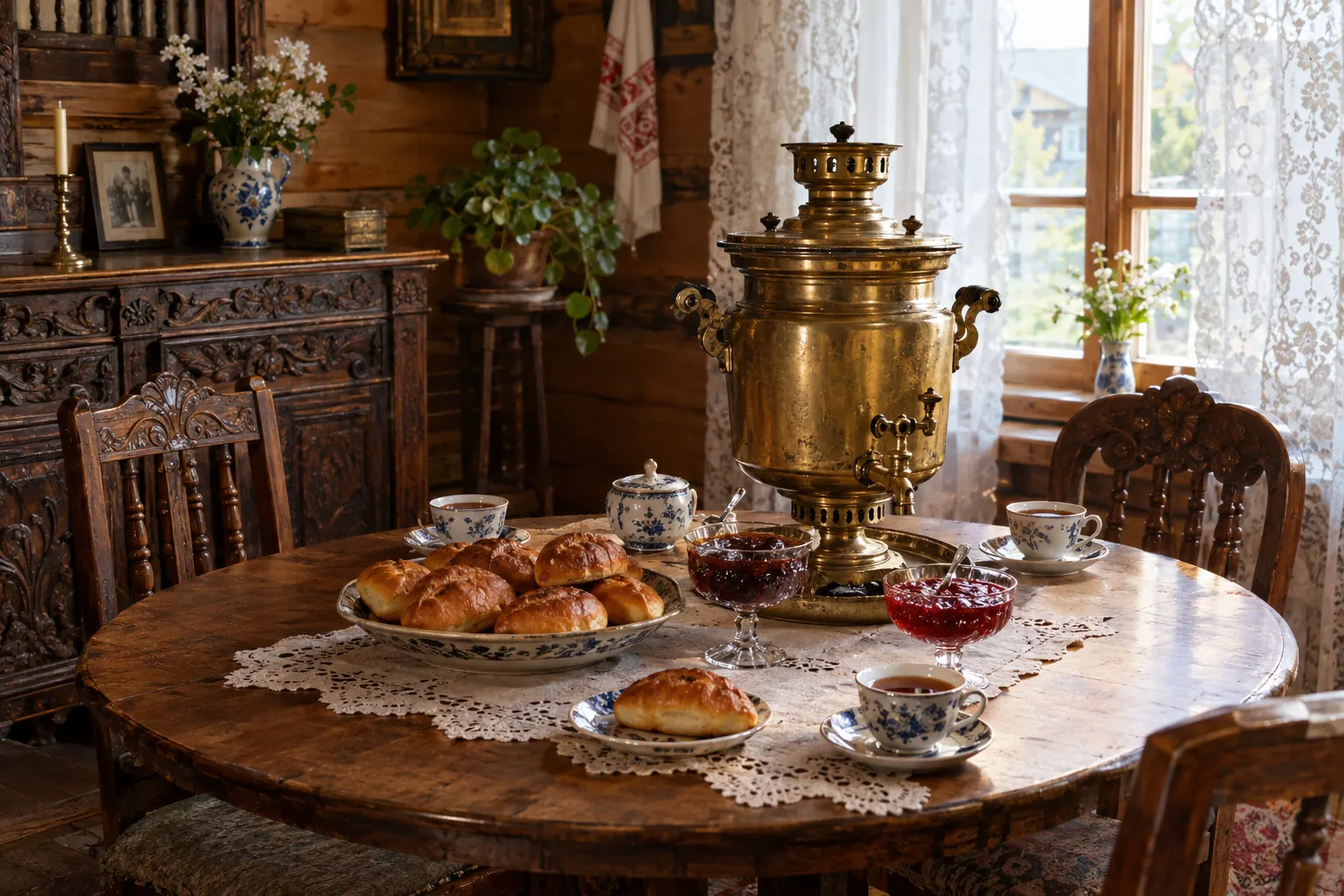 Phòng trà thế kỷ 19 với ấm samovar đồng, bánh nướng và đồ gỗ chạm