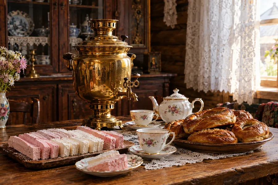 Trà samovar và kẹo pastila trong một ngôi nhà thương nhân cổ ở Kolomna